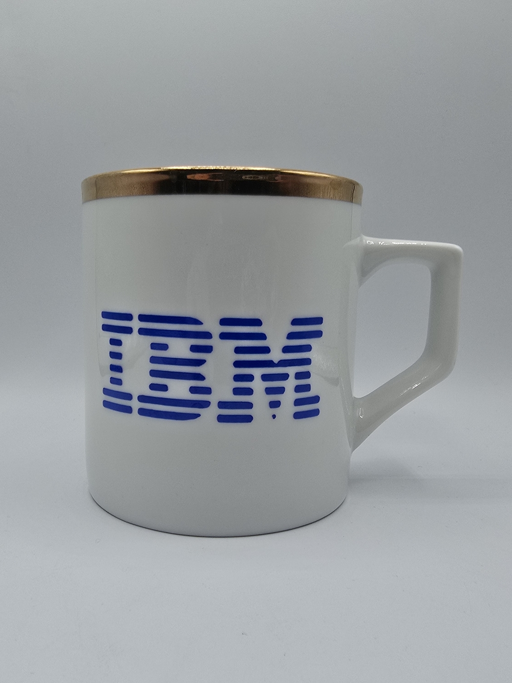 VTG IBM Suggestion Plan Mug Gold Rim, White w/Blue Logo, Corporate Coffee Cup